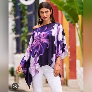 Boston Proper Roxy Charmeuse Blouse Poncho L/XL – Exploded Dahlia Floral, NWOT